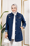Kadın Boncuk İşlemeli Denim Kot Ceket