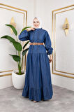Fırfır Detaylı Kemerli Kot Elbise Koyu Mavi 