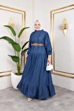 Fırfır Detaylı Kemerli Kot Elbise Koyu Mavi 
