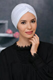 Beyaz Pratik Hazır Geçmeli Tesettür Bone Sandy Kumaş Taçlı Büzgülü 1208_42