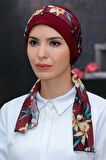 Bordo Pratik Hazır Geçmeli Tesettür Bone Sandy Kumaş Desenli Şifon Kemerli 1305D_16