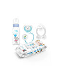 0-6 Ay Bebek Bakım Seti – 250 ml Biberon, Diş Kaşıyıcı, Emzik ve Islak Mendil (Mavi)