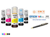 Epson 103 (CMYK+BK) 5 Renk Kartuş, Epson EcoTank L5296 Uyumlu Kalem Hediyeli Mürekkep Seti