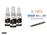 Epson 6641 (BK) 3'Lü Siyah, Epson EcoTank L386 Uyumlu Kalem Hediyeli 3 Siyah Mürekkep Seti