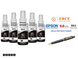 Epson 6641 (BK) 5'Li Siyah, Epson EcoTank L365 Uyumlu Kalem Hediyeli 5 Siyah Mürekkep Seti