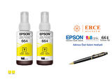 Epson 6644 (YELLOW) 2'Li Sarı, Epson EcoTank L3070 Uyumlu Kalem Hediyeli 2 Sarı Mürekkep Seti