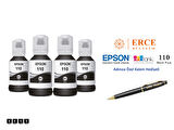 Epson 110 (BK) 4'Lü Siyah, Epson EcoTank M3140 Uyumlu Kalem Hediyeli 4 Siyah Mürekkep Seti