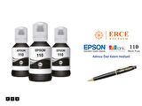 Epson 110 (BK) 3'Lü Siyah, Epson EcoTank M3140 Uyumlu Kalem Hediyeli 3 Siyah Mürekkep Seti