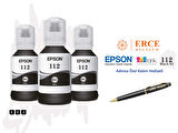 Epson 112 (BK) 3'Lü Siyah, Epson EcoTank L6460 Uyumlu Kalem Hediyeli 3 Siyah Mürekkep Seti