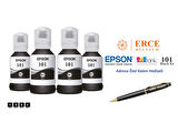Epson 101 (BK) 4'Lü Siyah, Epson EcoTank L4150 Uyumlu Kalem Hediyeli 4 Siyah Mürekkep Seti