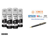 Epson 103 (BK) 4'Lü Siyah, Epson EcoTank L3250 Uyumlu Kalem Hediyeli 4 Siyah Mürekkep Seti