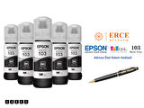 Epson 103 (BK) 5'Li Siyah, Epson EcoTank L3266 Uyumlu Kalem Hediyeli 5 Siyah Mürekkep Seti