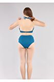 Ruko Maio 2235-3 Fırfırlı V Yaka Boyundan Bağlamalı Yüksek Bel Bikini