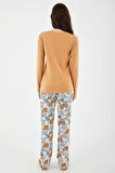 Pierre Cardin 8425 Good Things Take Time Camel Kadın Uzun Kol Pijama Takım