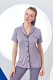 Pjs 24156 Kadın Çizgili Düğmeli Pijama Takım