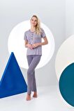 Pjs 24157 Kadın Çizgili Patlı Kısa Kol Pijama Takım