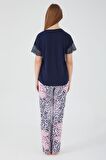 Pierre Cardin 8563 Lace Sleeve Lacivert Kadın Kısa Kol Pijama Takım
