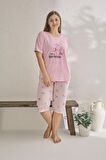 Estiva 23072 Kadın Kısa Kollu Kaprili Büyük Beden Yazlık Viskon Pijama Takımı