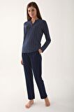 Arnetta 2659 Dotted Lacivert Kadın Uzun Kol Pijama Takım