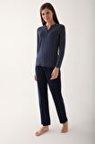 Arnetta 2659 Dotted Lacivert Kadın Uzun Kol Pijama Takım