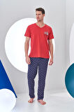 Pjs 24307 Erkek Bordo V Yaka Yelken Baskılı Kısa Kol Pijama Takımı