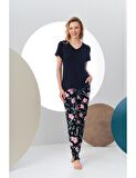 Pjs 24168 Kadın Kısa Kollu V Yaka Desenli Pijama Takım