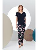 Pjs 24168 Kadın Kısa Kollu V Yaka Desenli Pijama Takım