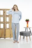 Estiva 24118 Kadın Çizgili Uzun Kollu Yazlık Viskon Pijama Takımı