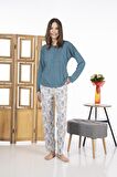 Estiva 24119 Kadın Yaprak Desenli Uzun Kollu Yazlık Viskon Pijama Takımı