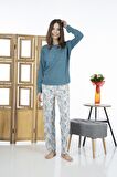 Estiva 24119 Kadın Yaprak Desenli Uzun Kollu Yazlık Viskon Pijama Takımı