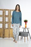 Estiva 24119 Kadın Yaprak Desenli Uzun Kollu Yazlık Viskon Pijama Takımı