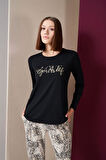 Pjs 26020 Kadın Love Yourself Yuvarlak Yaka Leopar Desen Uzun Kol Pijama Takım