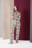 Pjs 26021 Kadın Önden Düğmeli Patlı Leopar Desenli Uzun Kollu Pijama Takım