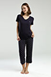 Arnetta 3225 Kadın V Yaka Kısa Kol Lacivert Puantiye Kapri Pijama Takım