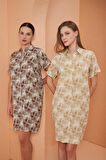 Pjs 27141 Kadın Bej Desenli Gömlek Yaka Kısa Kol Viskon Elbise