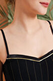 Pjs 27044 Kadın İp Askılı Saten Yaka Gold Detaylı Çizgili Şortlu Pijama Takım