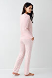 Pierre Cardin Paris Büyük Beden Kadın Modal Pamuklu Pembe Düğmeli Uzun Kollu Pijama Takım