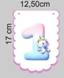 Unicorn Temalı 3 Lü Set One 1 Yaş Doğum Günü Süsü Banner + Pasta Süsü + Cupcake Kürdani