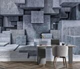 3 Boyutlu Beton Küp Görünümlü Duvar Kağıdı Baskı