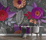 3 Boyutlu Kırmızı ve Mor Kabartma Çiçek Duvar Kağıdı Baskı