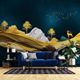 Moder Lacivert Gold Sanatsal Manzara Duvar Kağıdı Baskı