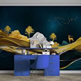 Moder Lacivert Gold Sanatsal Manzara Duvar Kağıdı Baskı