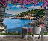 3 Boyutlu Kaya Desenli Deniz Manzaralı Duvar Kağıdı Baskı