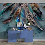 Mavi Renkli Tüy Desenli Duvar Kağıdı Baskı