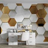 3 Boyutlu Beyaz, Gold, Ahşap Altıgen Geometri Duvar Kağıdı Baskı