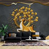 3 Boyutlu Altın Çiçek ve Geyik Duvar Kağıdı Baskı