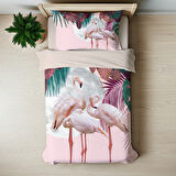 Pembe Flamingo Temalı Baskılı Tek Kişilik Nevresim Takımı
