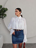 Fashion Asrın Beyaz Büzgülü Gömlek