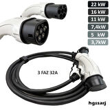 hgsşarj 3 Metre, Elektrikli Araç Şarj Kablosu 22kW-16kW-11kW-7,4kW-5kW-3,7kW 32A Kadar