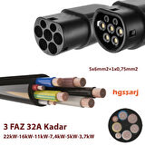 hgsşarj 3 Metre, Elektrikli Araç Şarj Kablosu 22kW-16kW-11kW-7,4kW-5kW-3,7kW 32A Kadar